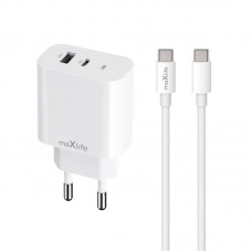 Maxlife φορτιστής MXTC-06-20AC PD QC 1x USB-C 1x USB 20W λευκό + USB-C - καλώδιο USB-C 20W