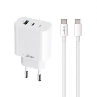 Maxlife φορτιστής MXTC-06-20AC PD QC 1x USB-C 1x USB 20W λευκό + USB-C - καλώδιο USB-C 20W