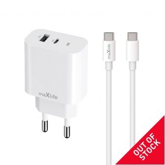 Maxlife φορτιστής MXTC-06-20AC PD QC 1x USB-C 1x USB 20W λευκό + USB-C - καλώδιο USB-C 20W